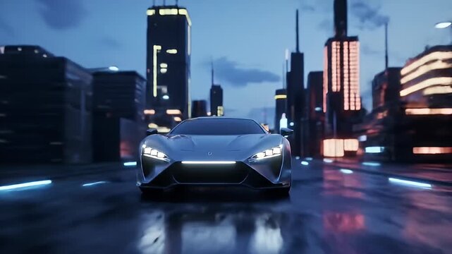 Sleek silver sports car speeds through a futuristic cityscape at night on a wet street