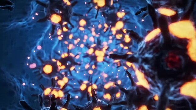 Microscopic rendering of cell infection with dark particles and warm glowing centers
