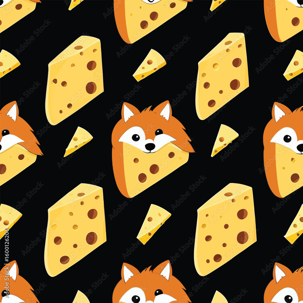 Poster seamless cartoon pattern with fox and cheese whimsical illustration for textile wrapping paper and b