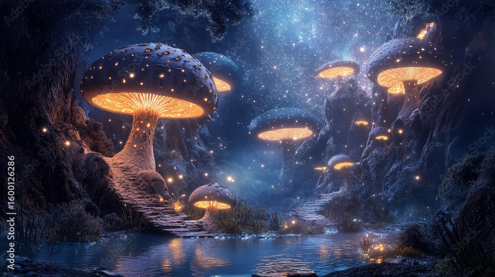 Aufkleber serene and peaceful forest scene with glowing mushrooms and a river. the mushrooms are illuminated b