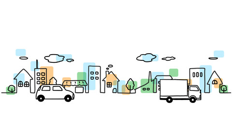 車と街並みのシンプルな手描き線画イラスト　色付き