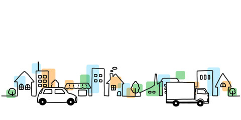 車と街並みのシンプルな手描き線画イラスト　色付き