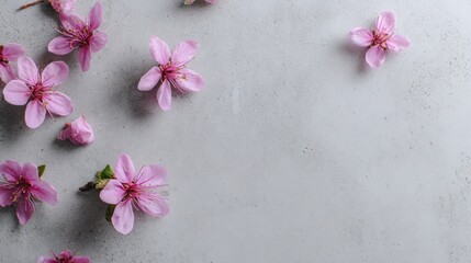 Delicate pink blossoms scattered on a light gray surface.