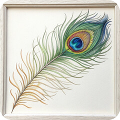 A vibrant blue and green peacock feather, a beautiful single bird plume, is isolated on a clean white background