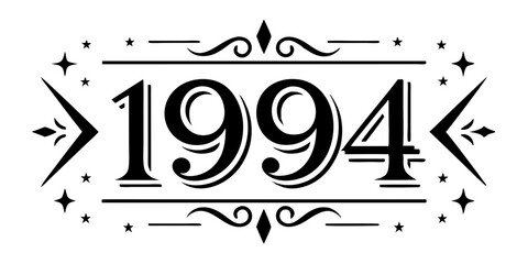 Ornate black numbers nineteen ninety four with decorative elements vector