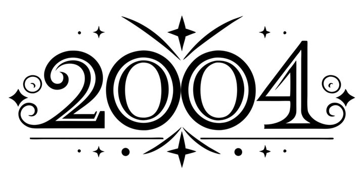 Ornate black numbers two thousand and four with decorative elements 2004 white background