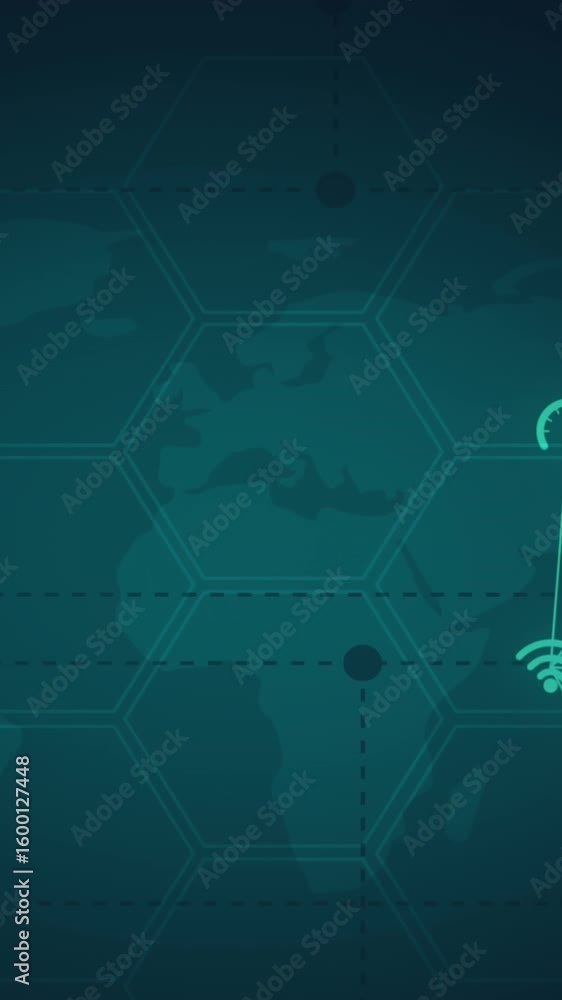 Poster animation of network of connections with icons over world map on green background