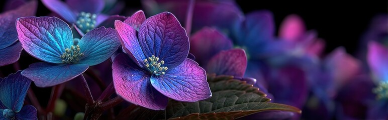 Vibrant closeup of glowing purple and blue flowers with neon lighting on dark background in surreal fantasy style Generative AI