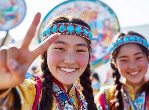 Young girls of Siberian Asian appearance, Yakut, Mongolian or Buryat, dressed in traditional clothes, symbolizing the unity and cultural heritage of Siberian ethnic minorities