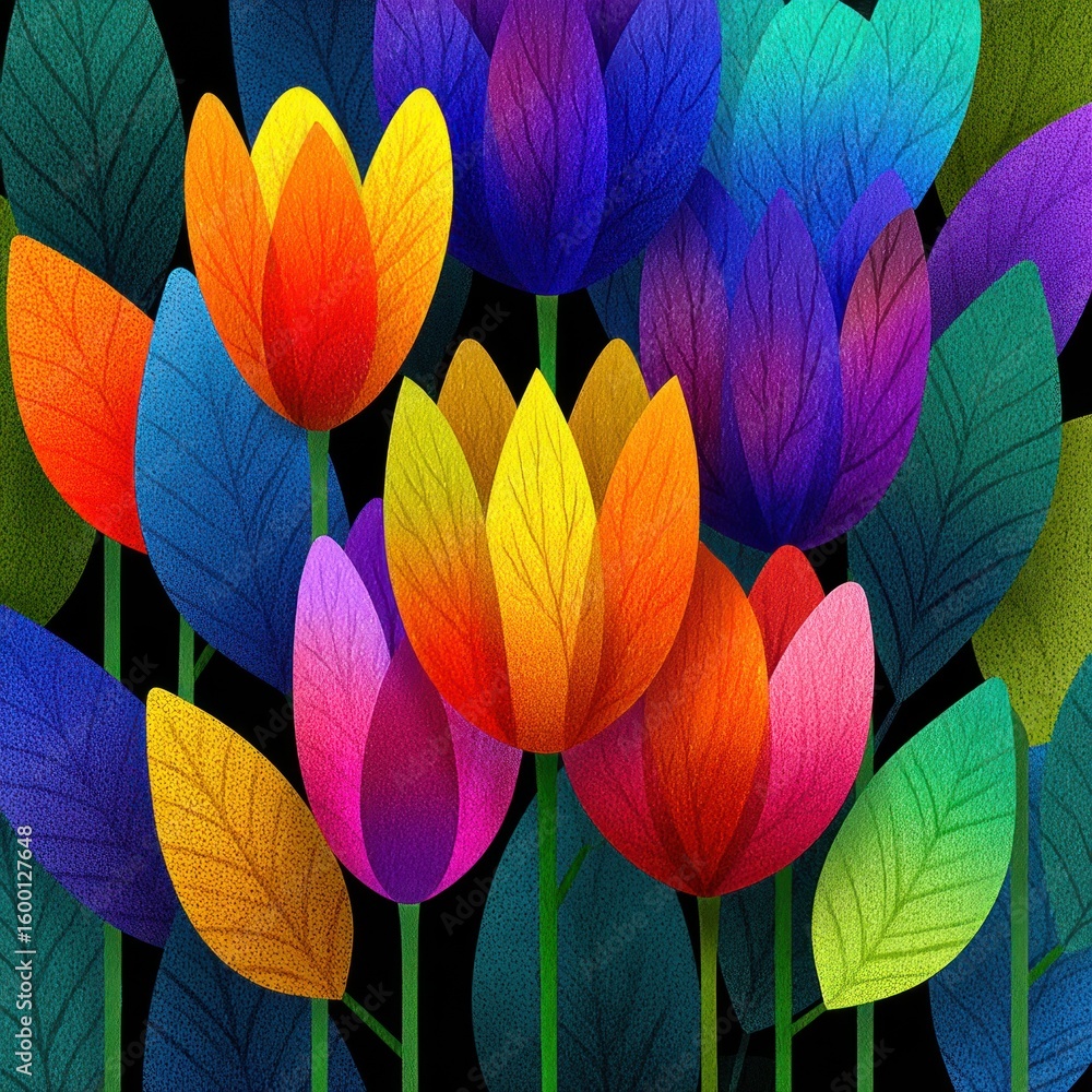 Wall mural vibrant abstract tulip flowers with bold gradient colors and textured leaves on dark background in m