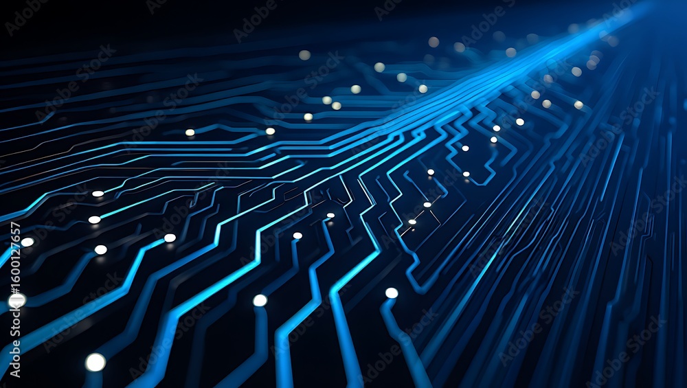 Poster abstract close up of a glowing blue circuit board with intricate pathways and illuminated components