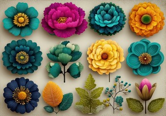 Colorful collection of stylized paper-cut floral designs with textured petals and leaves on soft neutral background in decorative layout Generative AI