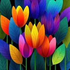 Vibrant abstract tulip flowers with bold gradient colors and textured leaves on dark background in modern digital art style Generative AI