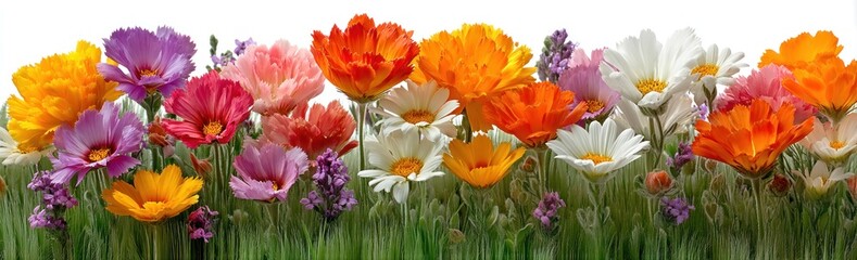 Vibrant field of multicolored blooming flowers with orange, yellow, pink, purple, and white petals in lush green grass Generative AI