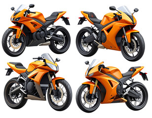 Obraz premium Minimalist Flat Lay Illustration of Orange Sport Bike Motorcycle from Multiple Angles