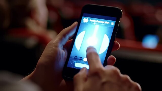 Hands manipulate glowing equalizer app on a black smartphone, theater backdrop blurred