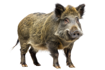 Wild boar with thick brown fur facing camera isolated on transparent background