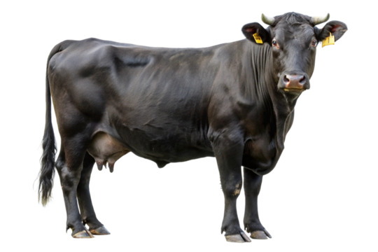 Black cow with horns and ear tags standing isolated on transparent background