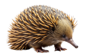 Spiny echidna in close-up showing its sharp quills and small beak, isolated on white background