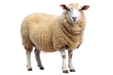 Domestic ewe with thick wool coat, standing still and looking forward, isolated on white background