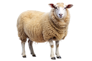 Domestic ewe with thick wool coat, standing still and looking forward, isolated on white background