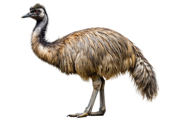 Australian emu bird with long legs and shaggy feathers, standing on transparent background
