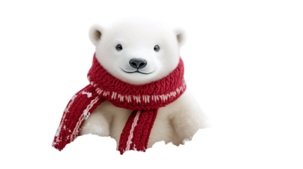 • A cute winter animal like a penguin or polar bear wearing a scarf, isolated on white background in HD 