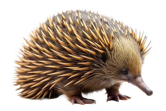 Spiny echidna in close-up showing its sharp quills and small beak, isolated on white background