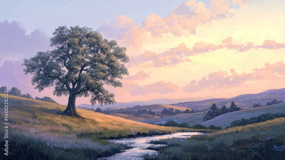 Poster painting of a tree in a field with a river running through it. the sky is cloudy and the sun is sett