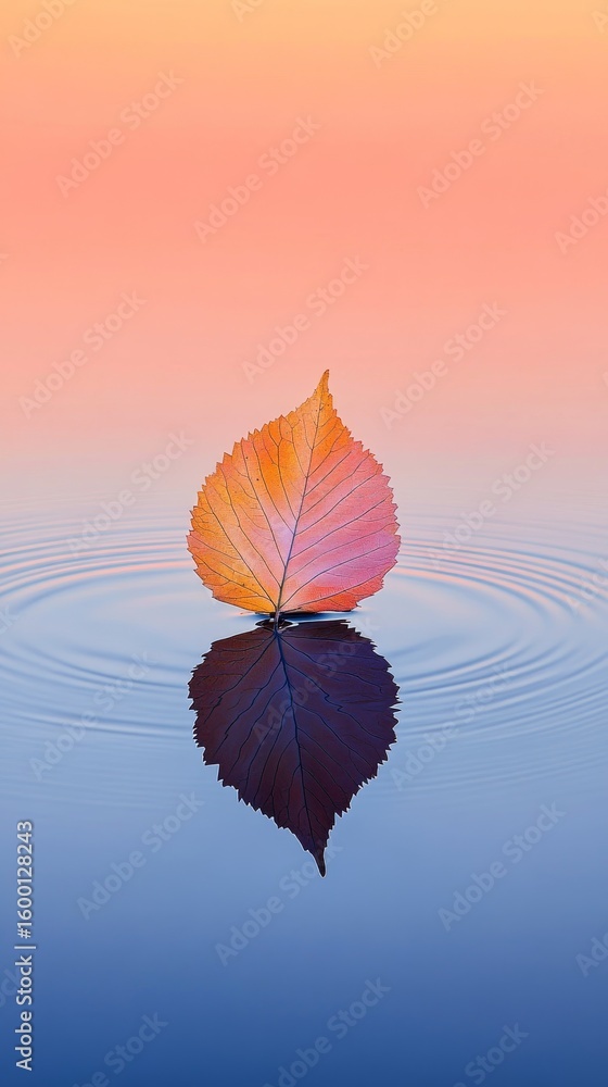Poster leaf is floating on the surface of a body of water. the water is calm and the leaf is the only objec