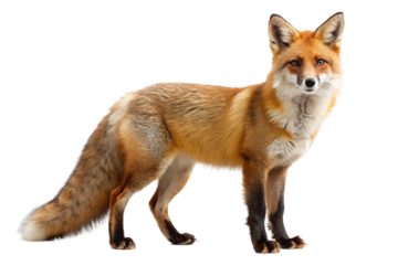 Red fox with bushy tail on white background