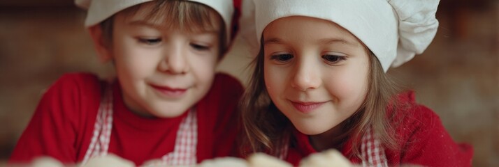 Cheerful children in chef hats eagerly craft whimsical dumplings, celebrating Slavic Maslenitsa, embracing culinary creativity, joyful anticipation