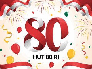 Festive illustration celebrating Indonesia's 80th Independence Day with patriotic elements.