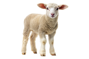 Fototapeta premium Front view of a cute white lamb standing and looking forward on black background