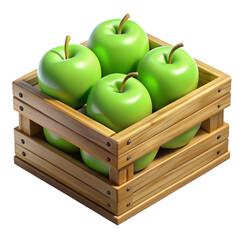 Four ripe green apples freshly packed in a wooden crate isolated on transparent background