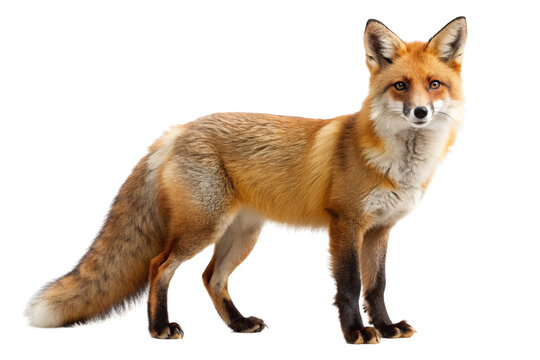 Red fox with bushy tail on white background