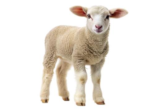 Front view of a cute white lamb standing and looking forward on black background