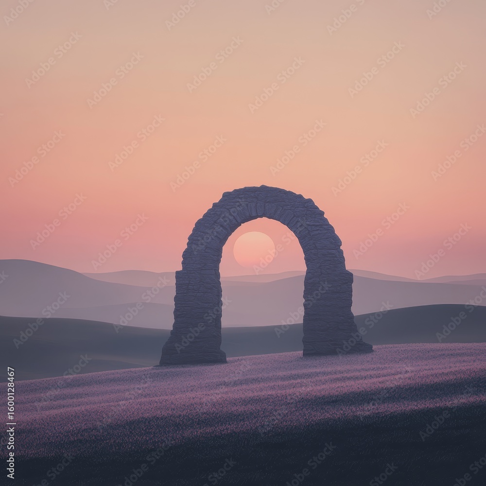 Poster large archway is in the middle of a field with a sunset in the background. the archway is surrounded
