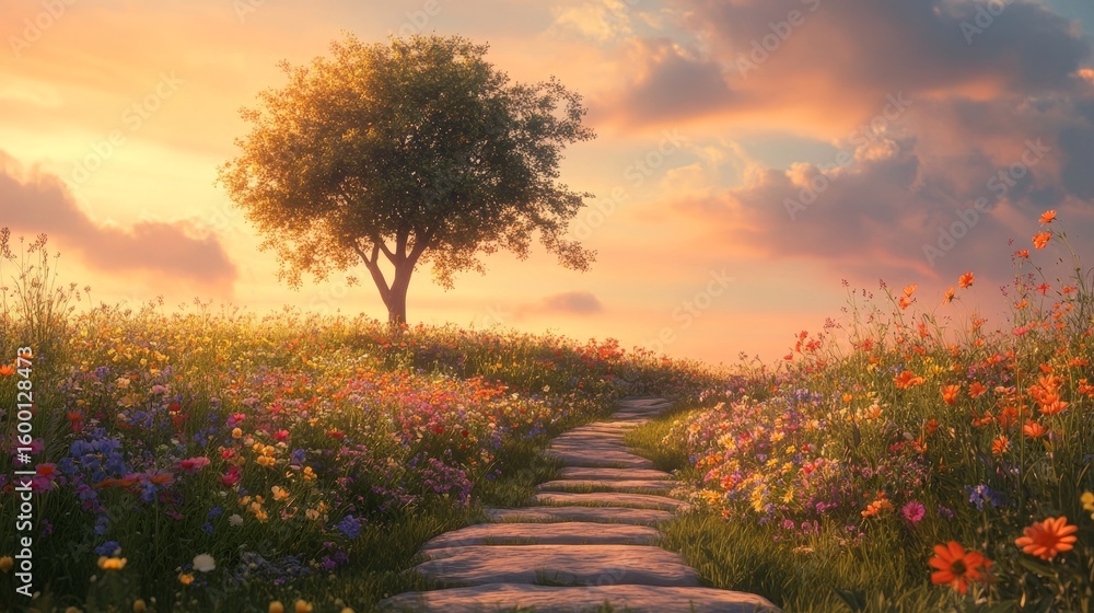 Aufkleber tree stands in a field of flowers, with a path leading to it. the sky is filled with clouds, creatin
