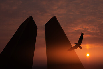 Silhouette of Towers with soaring eagle on background of black and white sky and USA flag....