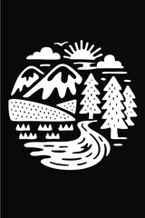 Minimalist River Landscape Illustration on Forest Green