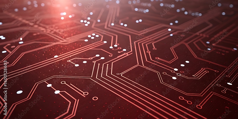 Aufkleber intricate red circuit board with glowing components and detailed pathways reflecting technological a