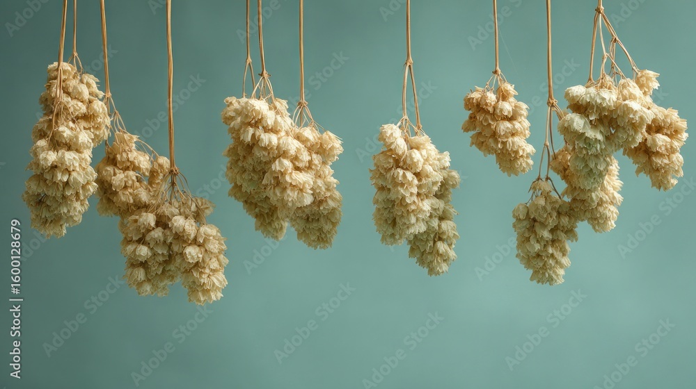 Poster dried flower clusters hanging from strings against a soft teal background.