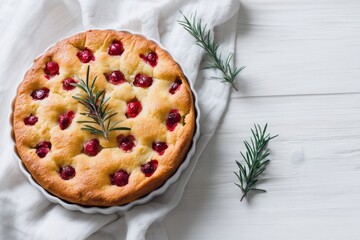 Golden cranberry pie adorned with rosemary, evoking Yuletide warmth and Midsummer Night's feasts, rustic aroma enveloping senses