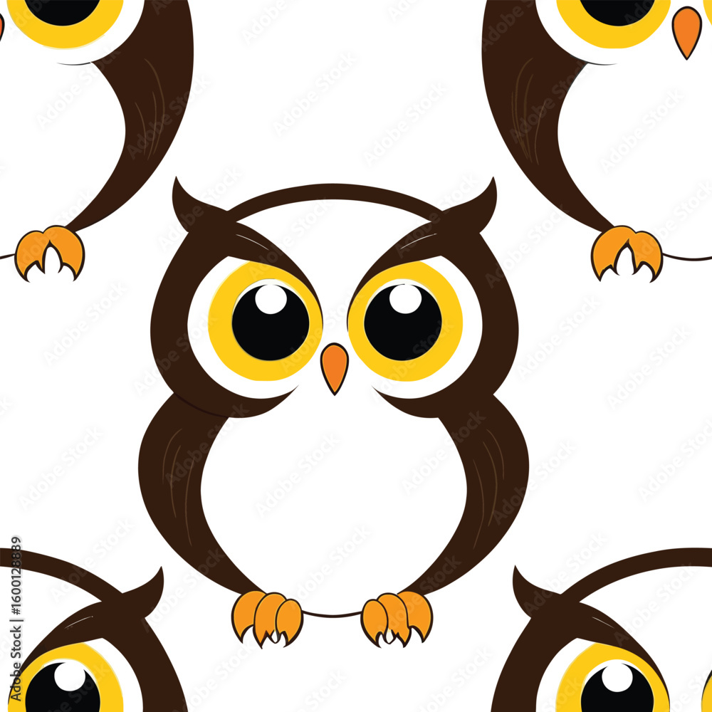 Poster seamless vector pattern featuring repeating stylized owls with large bright eyes on a clean white ba