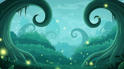 Mysterious cartoon jungle background for fantasy animations, game environments, and creative storytelling scenes