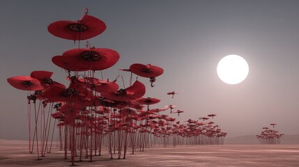 Red flower-like structures on a desert landscape
