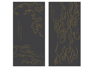 Japanese background with hand drawn line cloud pattern vector. Vintage template with geometric pattern border and frame design.