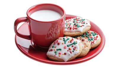 • A decorated holiday cookie plate with milk for Santa, isolated on white background in HD 
