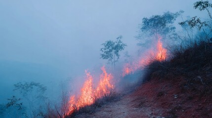 Raging hillside fire whispers eerie secrets in azure mist, evoking Wildfire Awareness Week and eerie Ghost Festival tales